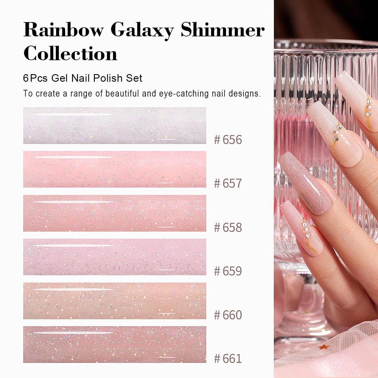 RARJSM Nude Glitter Gel Nail Polish 6pcs Set Sparkly Rainbow Shimmery Nail Gel Polish Iridescent Pigment Jelly Sheer Gray Pink Milky Peach Purple Translucent Natural Skin Tone Color 7.5ml Soak off
