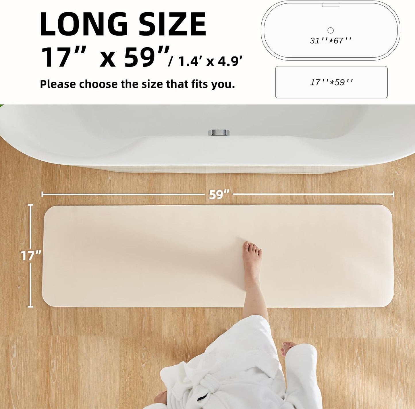 Bathroom Mat Quick Dry, Bathroom Rugs Non Slip Washable Thin Absorbent Bath Mat Fits Under Door Bathroom Floor Mat Perfect for Bath, Shower, or Sink 17"x59" Beige