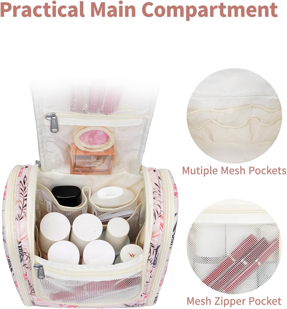 Narwey Small Hanging Toiletry Bag Women Travel Makeup Bag Organizer Toiletries Bag for Travel Size Essentials Accessories Cosmetics(Medium, Beige Bird)