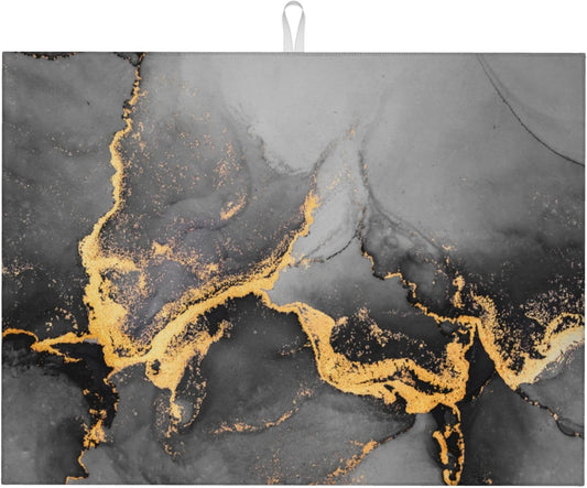 Black Gray Gold Marble Kitchen Drying Mat Abstract Modern Microfiber Dish Drainer Mat for Kitchen Counter Absorbent Reusable Washable 18x24 Inch