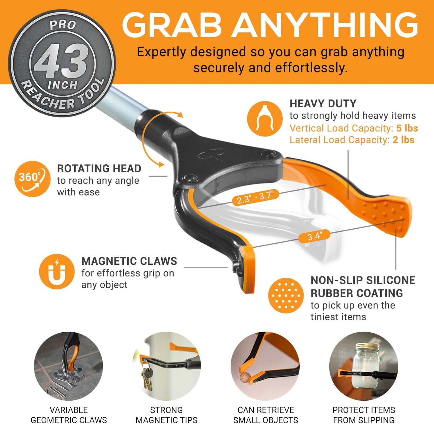 EZPIK Pro 43" Foldable Grabber Reacher Tool for Seniors - Grabbers for Elderly Reaching Tool Heavy Duty Pickup Trash Picker Upper Equipment - Claw Grabber Stick for Reaching Aids, Weed Gripper 2-Pack