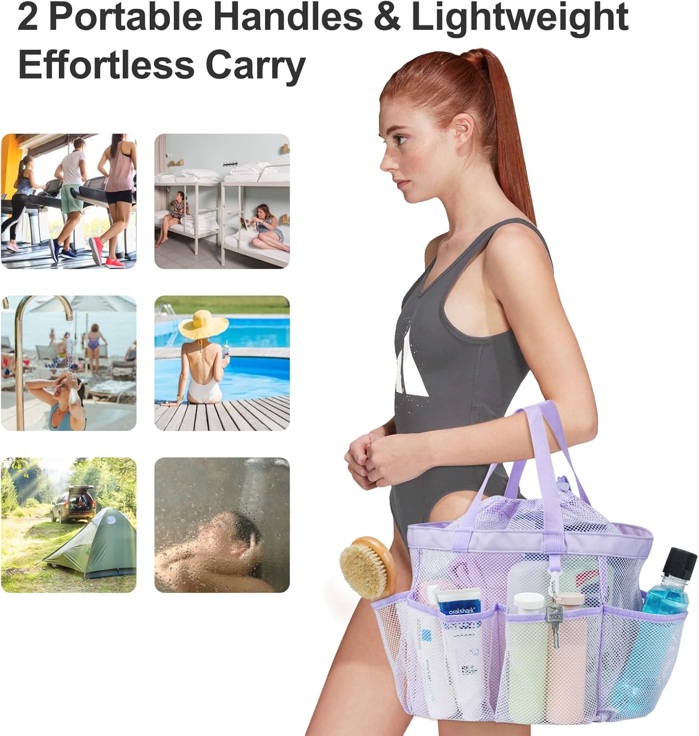 F-color Mesh Shower Caddy Portable with Drawstring - Upgrade Deeper 7 Pockets Dorm Room Essentials for Guys Girls with S Hook, Shower Bag Basket Tote for College Camping Toiletry Bathroom, Purple