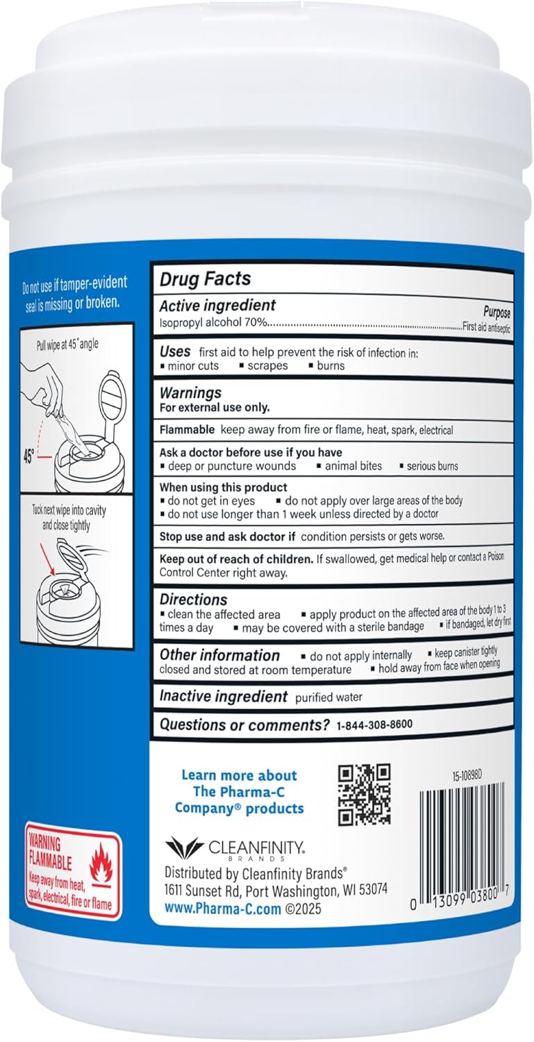 The Pharma-C Company - 70% Isopropyl Alcohol Wipes - Bulk Large Durable IPA Wipes. First-Aid Antiseptic Wound Cleaner with Moisture Lock Lid. (Case of 6 Canisters)