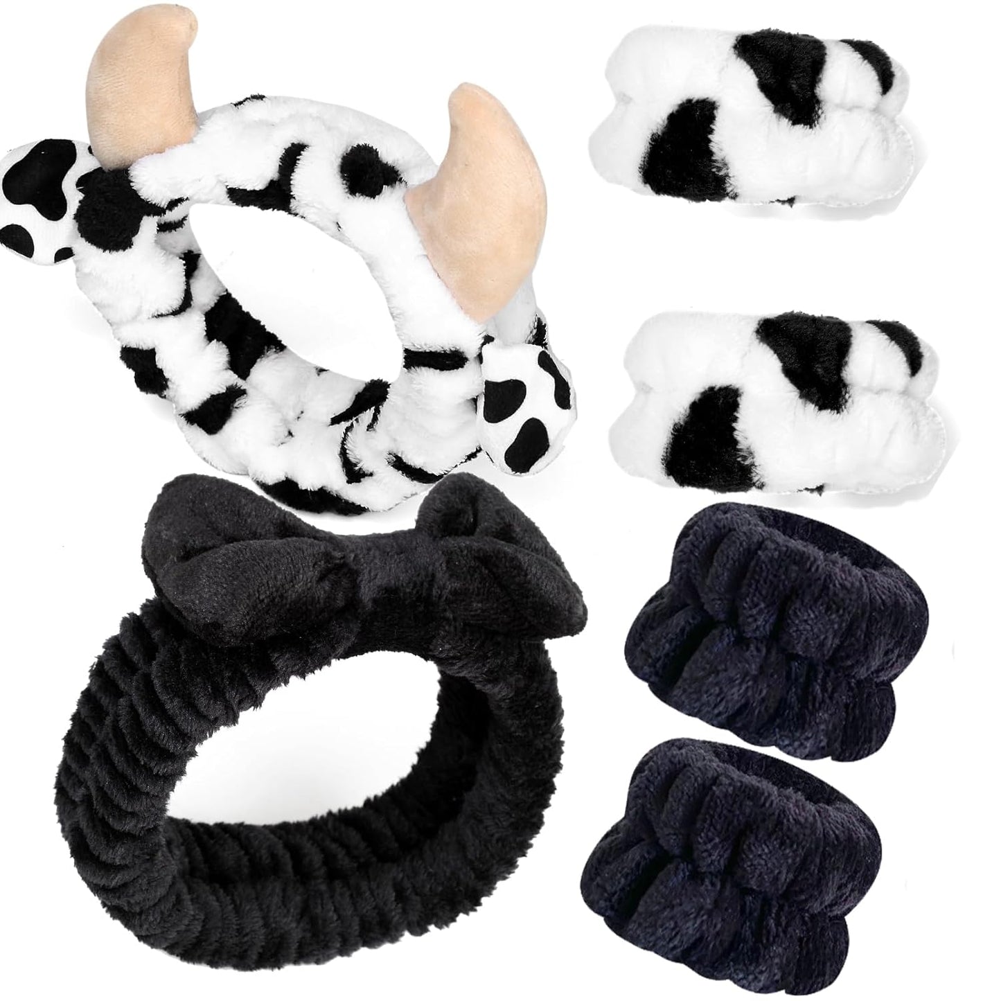 Women's Cow Print Spa Headband and Wristband Set for Washing Face (Cow print &Black)