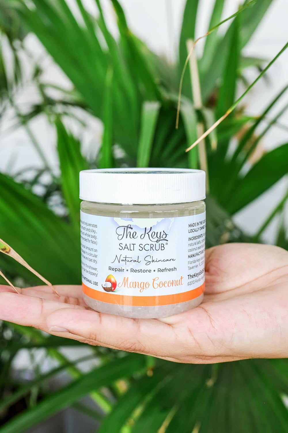 The Keys Salt Scrub -Sea Salt Scrub - Exfoliating Body Scrub with Wooden Spoon - Moisturizing Exfoliator for Hands, Foot, Bath, (3.4 Ounce (Pack of 1), Mango Coconut)