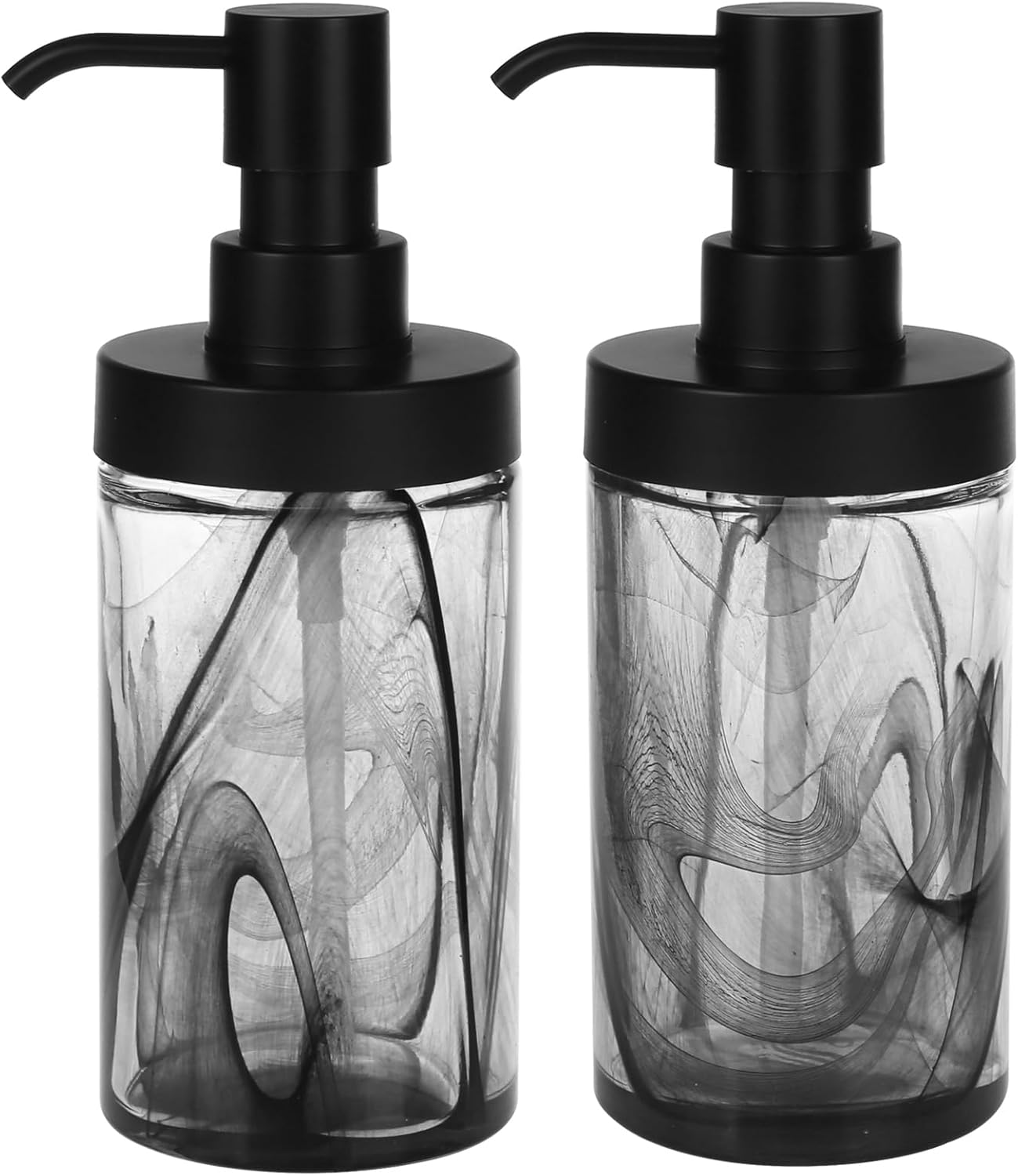 2-Pack Glass Soap Dispenser Set, 12.5 Oz Black Moire Pattern, Wide Mouth Easy Refill, Lead-Free Thick Glass Bottle with Matte Black Pump for Kitchen, Bathroom Sink Decor
