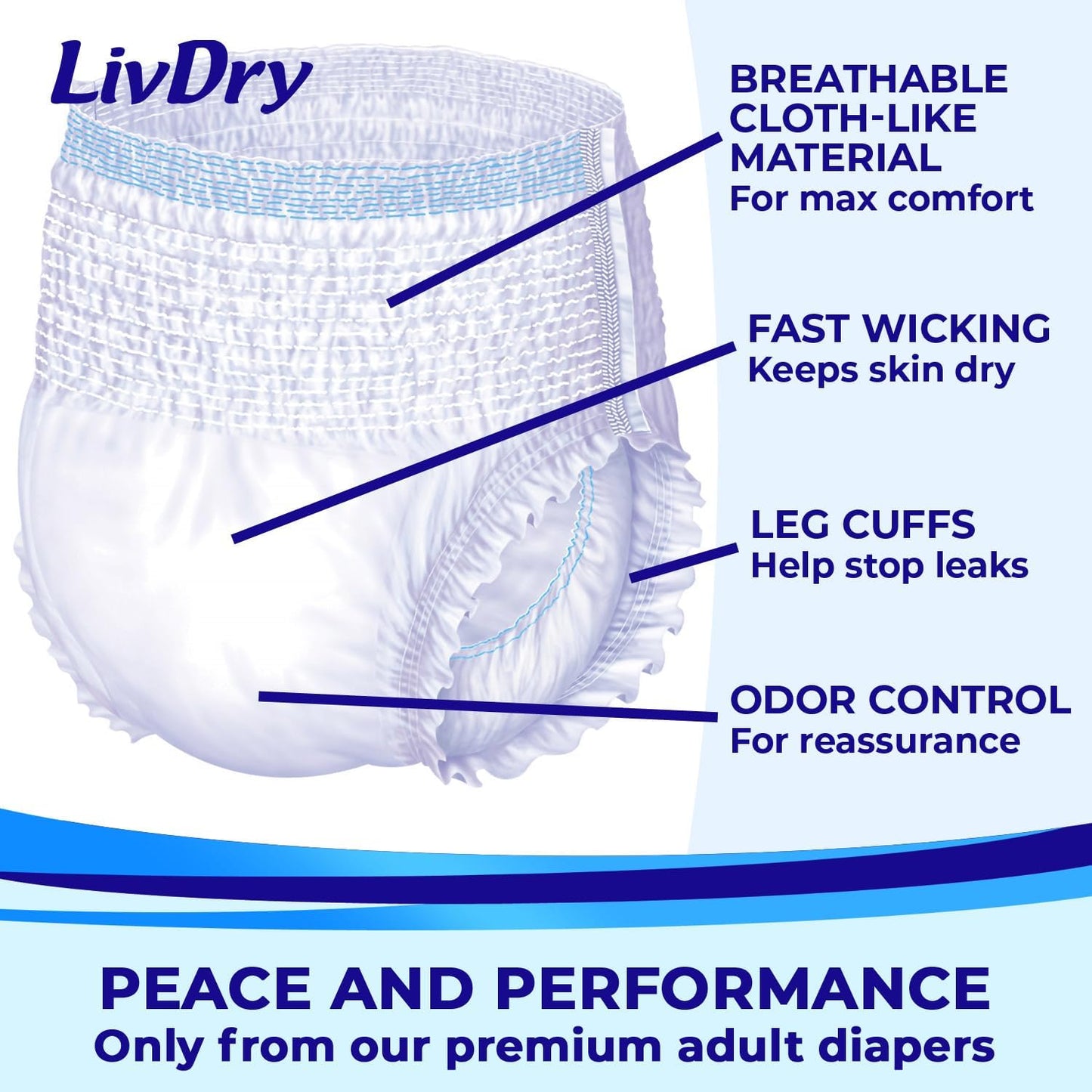 LivDry Adult Diapers Large Incontinence Underwear, Overnight, Leak Protection, 16-Pack