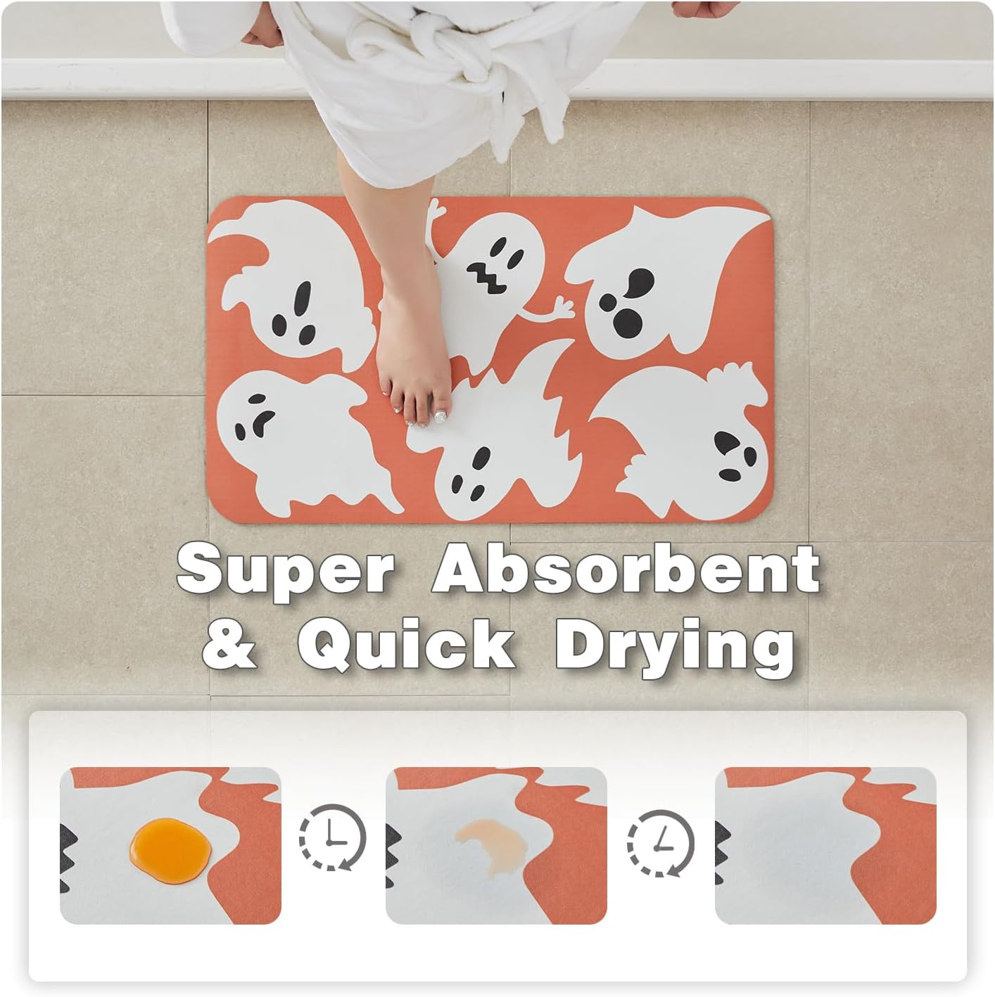 Halloween Bath Mat, Thin Halloween Bathroom Rug Non Slip Quick Dry Bath Mat Fits Under Door Thin Floor Mat Halloween Decor, 24''x36'', Cute Ghosts Orange