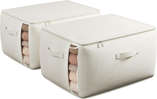 Large Canvas Clothes Storage Bags with Thick Handles and Clear Window, Foldable Cotton Linen Closet Organizer for Clothing, Blankets and Bedding, 70L, 2 Pack, Beige