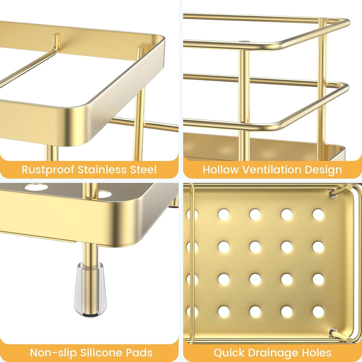 Luxspire Toothbrush Holders, 6 Slots Stainless Steel Tooth Brush Holder with Drainage, Toothbrush Holder for Bathroom Countertop & Kitchen Sink, Bathroom Accessories, Gold