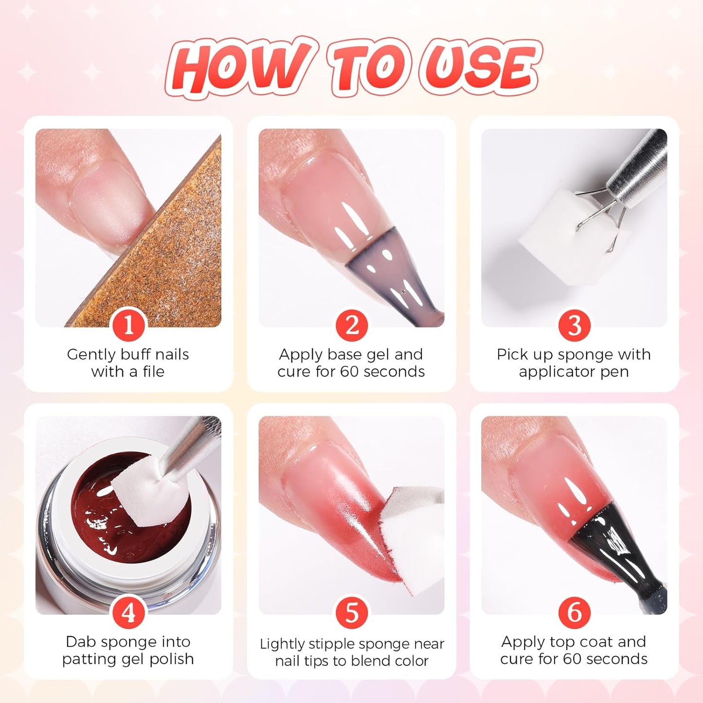 Ombre Gel Nail Polish 16 Colors, No Wipe UV/LED Curing Neon Pat Painting Patting Gels with Sponge Applicators for Blush Blooming Floral Aura French Manicure DIY Nail Art Palette