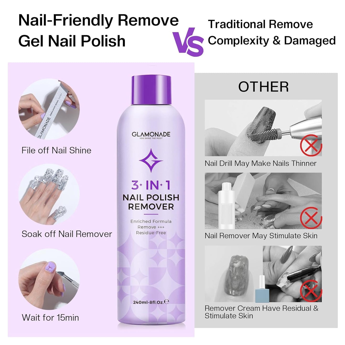 Acetone Nail Polish Remover: Gel Nail Polish Remover - Professional Soak off Nail Glue Remover Natural Grape Seed Oil for Acrylic Dip Powder Nail Supplies for Home Salon(8 FL.Oz., Pack of 2)