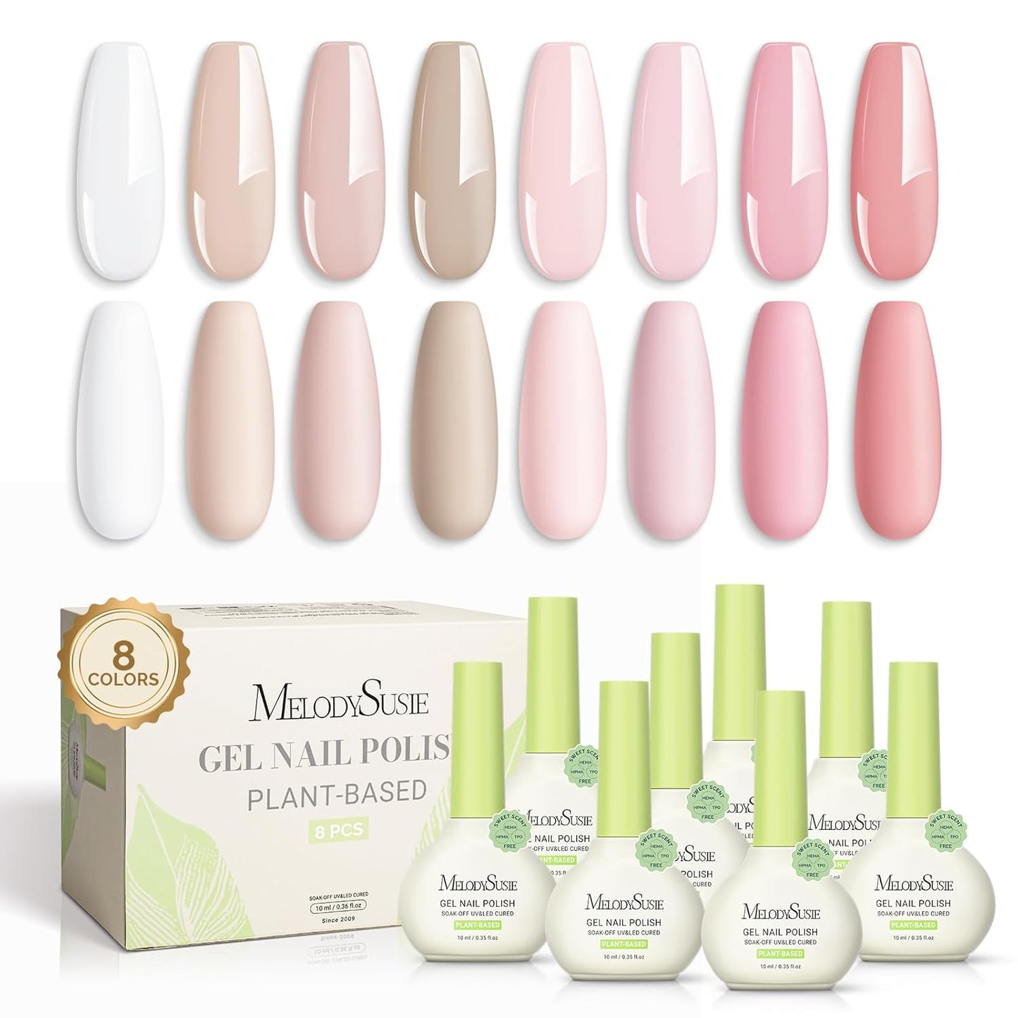 MelodySusie Plant Based Gel Nail Polish Set,Pink and Nude Versatile Colors,Hema Free,Soak Off UV LED Gel Polish Nail Art Manicure Salon DIY at Home 8Pcs 10ml/0.34 fl oz