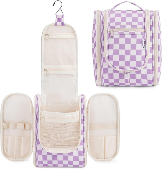 Narwey Small Checkered Hanging Travel Toiletry Bag for Women, Travel Bag for Toiletries, Makeup Bag Organizer Cosmetic Bags Make Up Bags for Women (Purple Checkerboard)