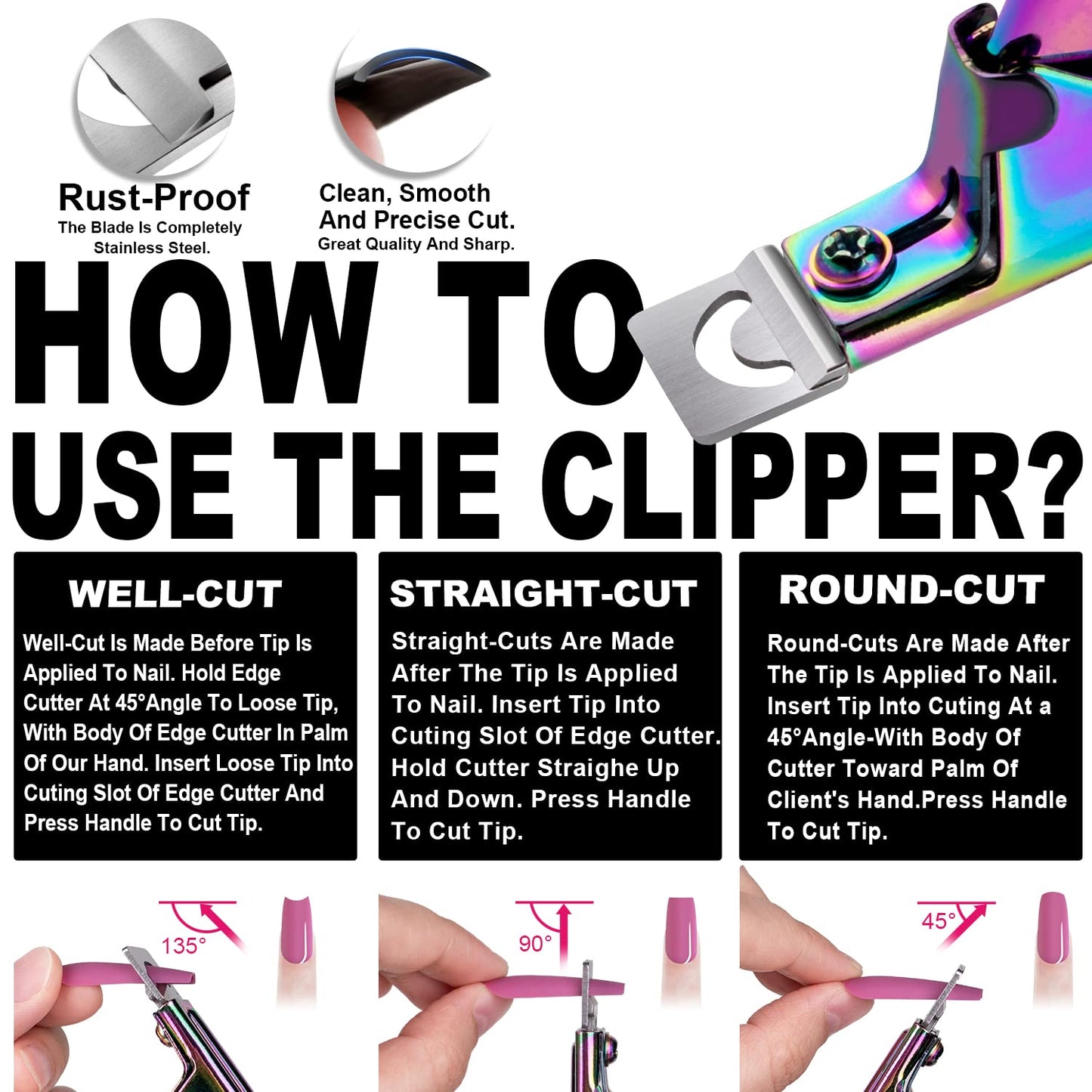 Chameleon Premium Adjustable Nail Clippers for Acrylic Nails, Stainless Steel Cutter Trimmer for Artificial Fake False Tips Manicure Sharp Blade Clip Tool for Salon Home Nail Art Beauty Design DIY