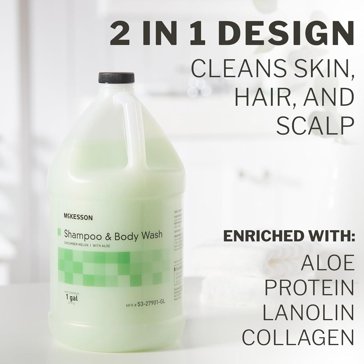 McKesson Body Wash and Shampoo - 1  Gallon Bulk Refill Full Body Wash with Aloe, Cucumber Melon Scent - Sensitive Skin & Hair 2‑in‑1