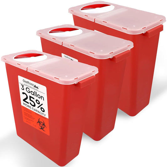 Oakridge Products Large Sharps Container for Home Use and Professional 3 Gallon (3-Pack) with Rotating lid, Biohazard Needle and Syringe Disposal, CDC Certified