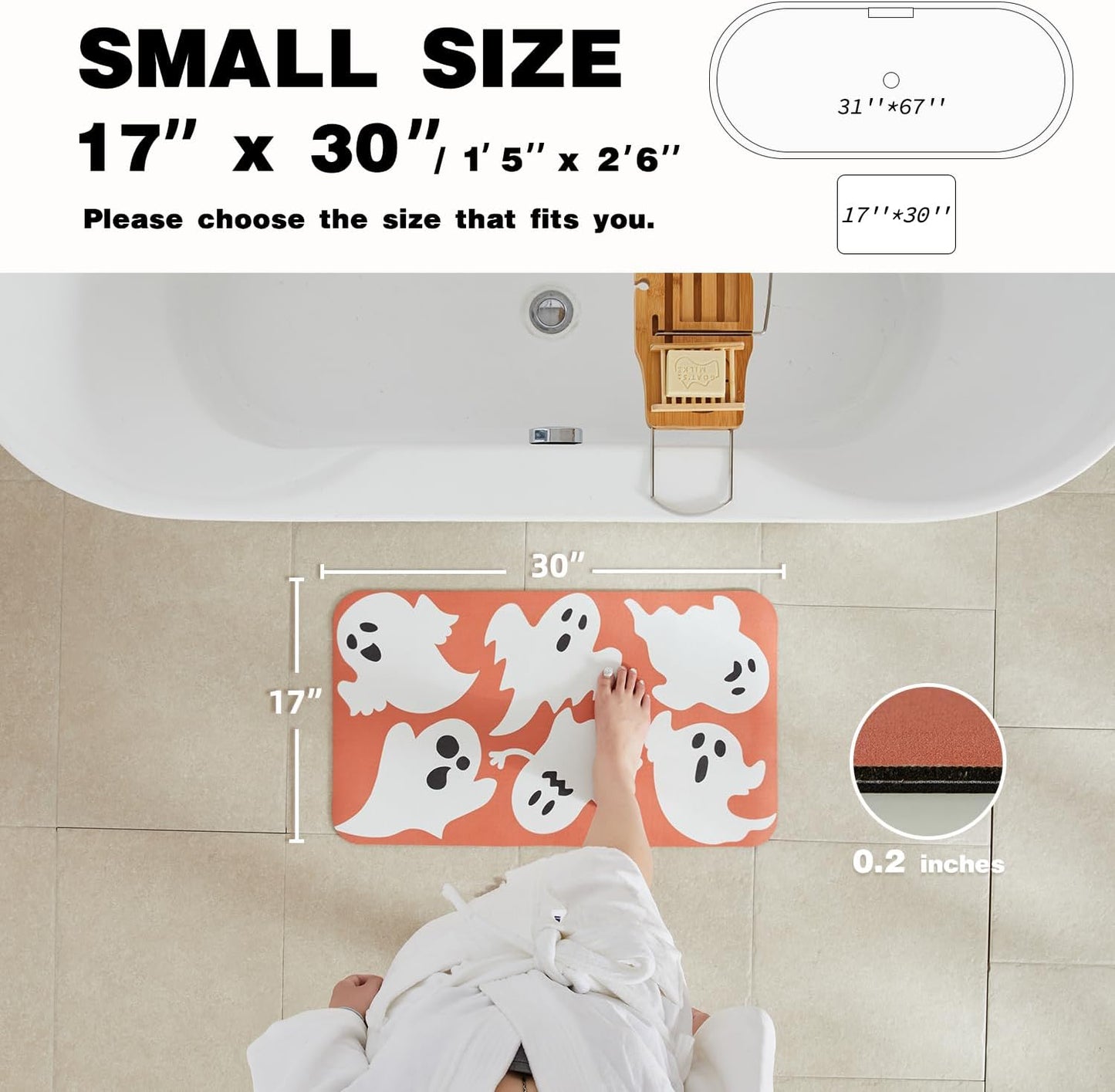 Halloween Bath Mat, Thin Halloween Bathroom Rug Non Slip Quick Dry Bath Mat Fits Under Door Thin Floor Mat Halloween Decor, 17''x30'', Cute Ghosts Orange