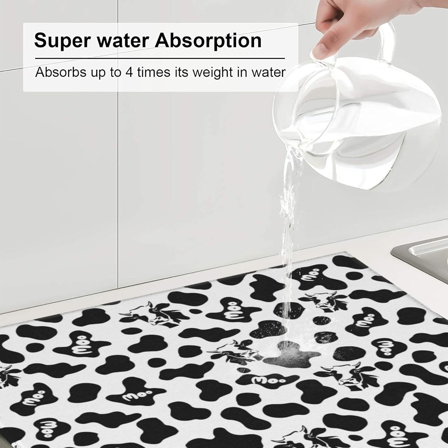 Cow Print Dish Drying Mat for Kitchen Counter Black White Decorative Dish Drainer Rack Mats 16x18 Inch Absorbent Reversible Drying Pad