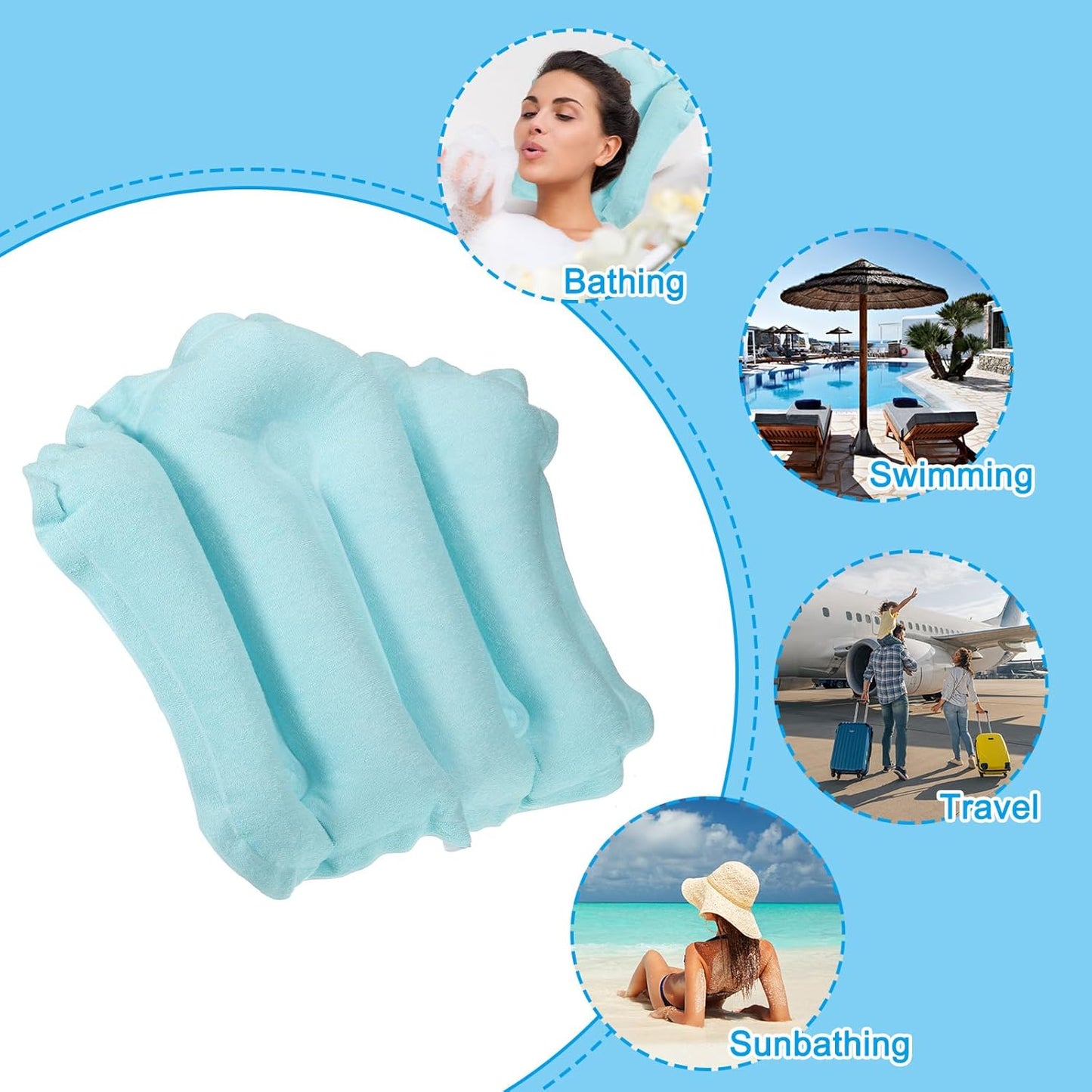 PATIKIL Inflatable Bath Pillow with Suction Cups, Terry Cloth Covered Shell Shape Bath Pillow Neck Support for Bathtub Hot Tub, Blue