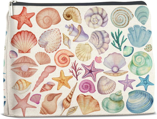 Colorful Ocean Seashell Starfish Makeup Bag Gifts for Women Beach Themed Seashell Cosmetic Bag Zipper Pouch