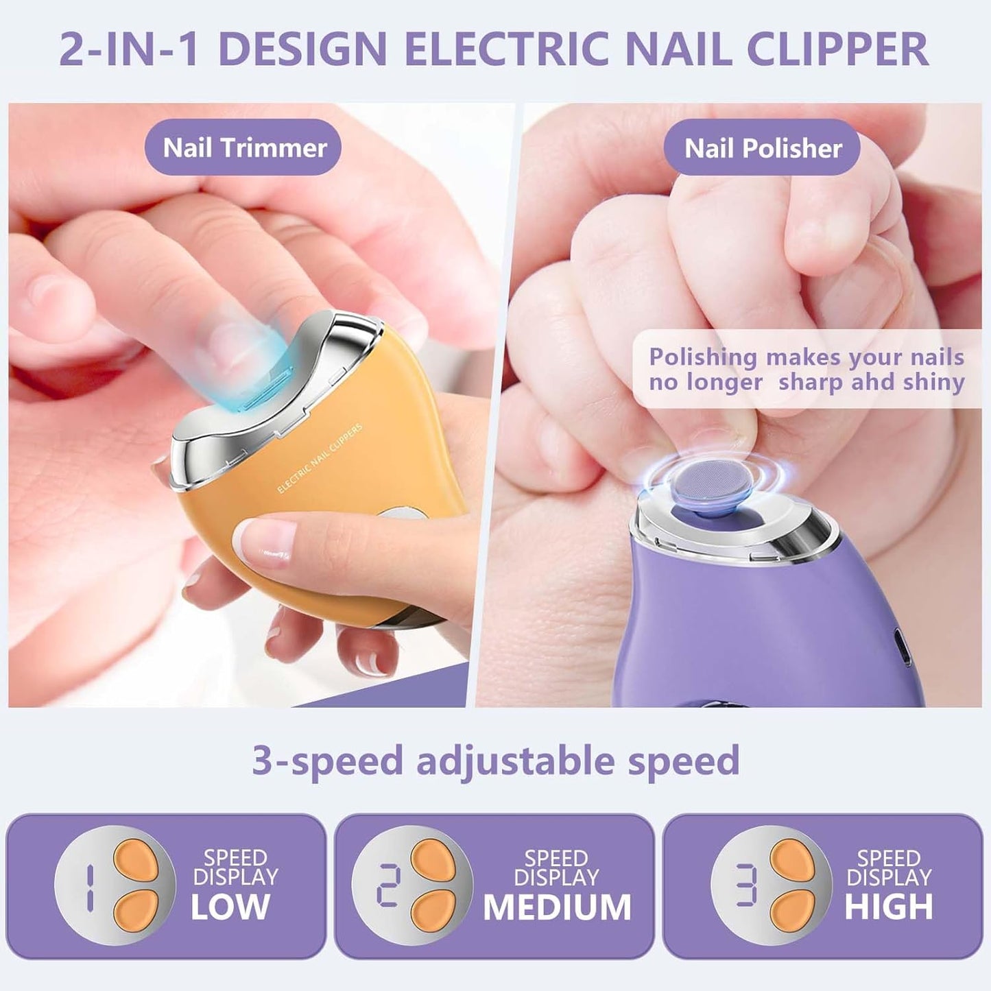 Type-C Professional Electric Nail File and Polish with LED Light & Polisher – 3 Adjustable Speeds, Safe Nail Clippers for Seniors, Adults and Kids, Built - in Storage, Effortless Manicure - Yellow