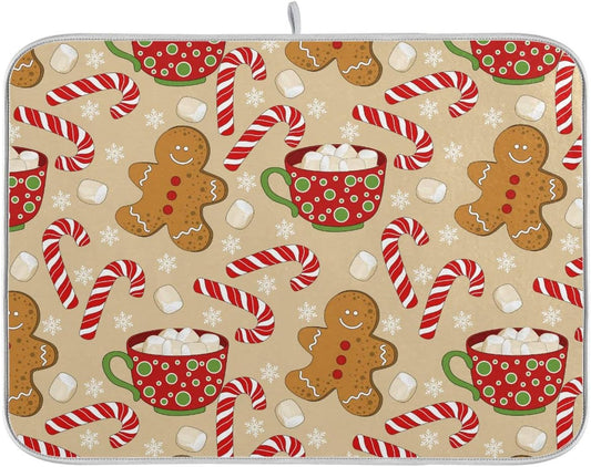 Christmas Gingerbread Man Candy Cane Dish Drying Mat for Kitchen Winter Snow Snowflake Snowman Xmas Microfiber Drying Mats Absorbent Reversible Dish Pad Large Dish Draining Mat 18x24 inch