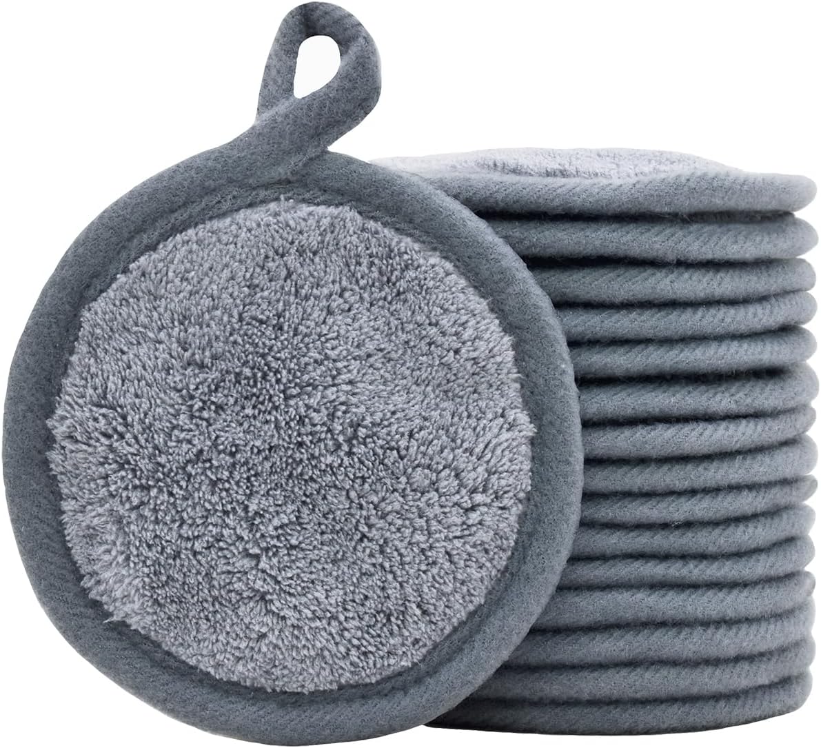 Reusable Makeup Remover Pads 16 Pack Microfiber Cleansing Facial Rounds Wipes Face, Eyes, Lips（3.5inch, grey）