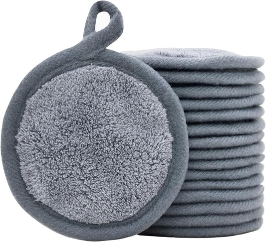 Reusable Makeup Remover Pads 16 Pack Microfiber Cleansing Facial Rounds Wipes Face, Eyes, Lips（3.5inch, grey）
