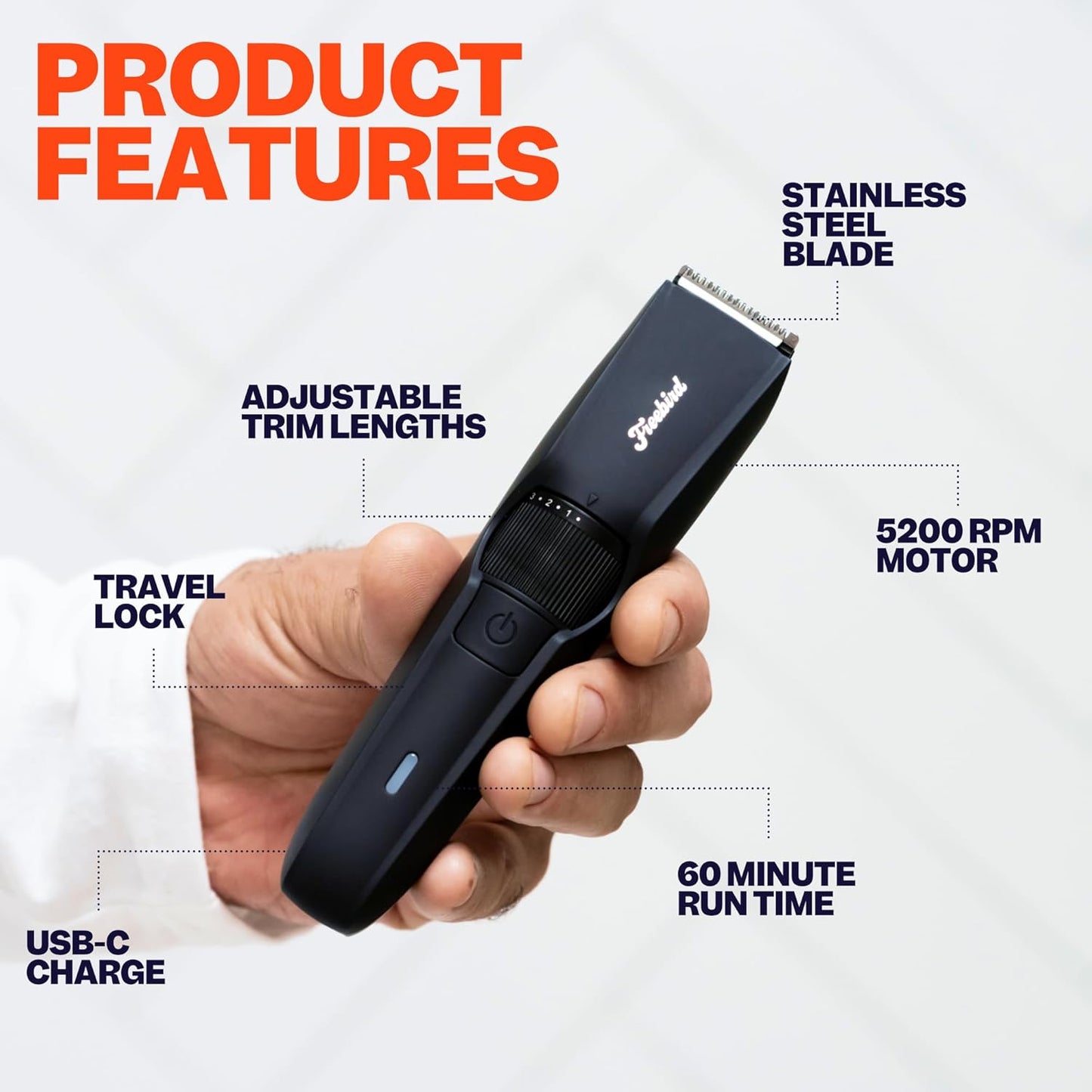 Freebird BeardSeries Trimmer for Men - Ultra Sharp Beard Trimmer with Precision Dial, Stainless Steel Blades, 40 Length Settings, Cordless & Rechargeable, for Beard, Hair, Body, & Intimate Grooming