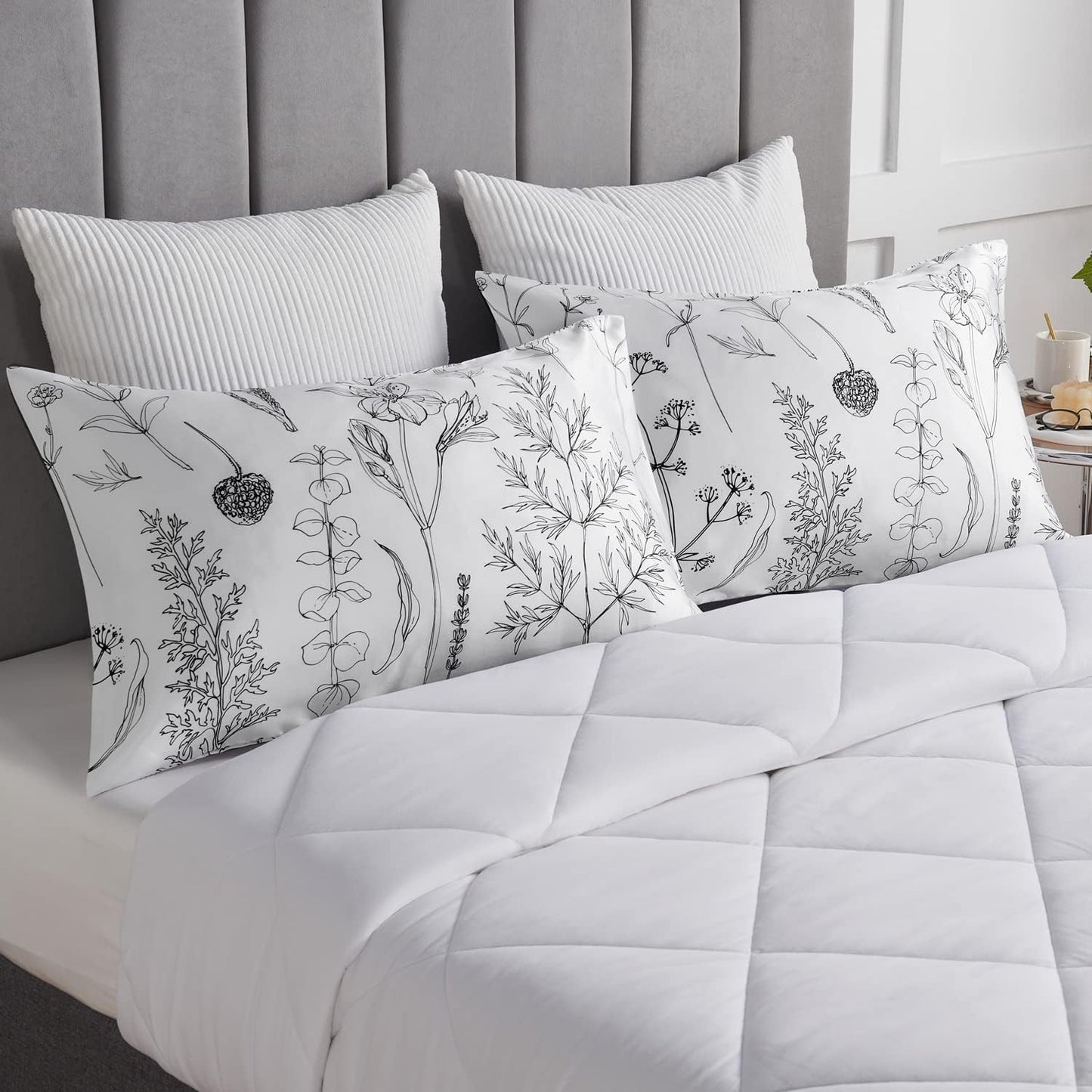 EXQ Home Pillowcase Silky Satin Pillowcase for Hair and Skin,Soft Cooling Printed Pillow Cases Queen Size Set of 2 Satin Pillow Case with Envelope Closure Flowers with White Background