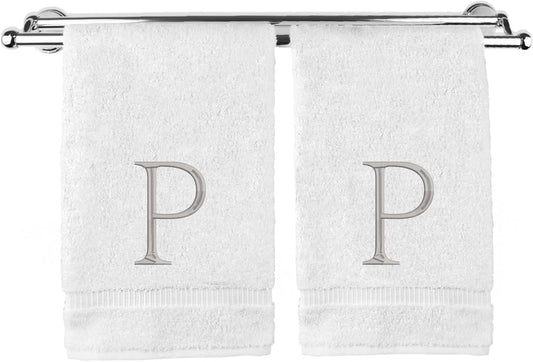 Monogrammed Hand Towel, Personalized Initial Gift, Extra Absorbent 100% Turkish Cotton - Soft Terry Finish - Set of 2 - Silver Block Initial P - Embroidered on White Towels