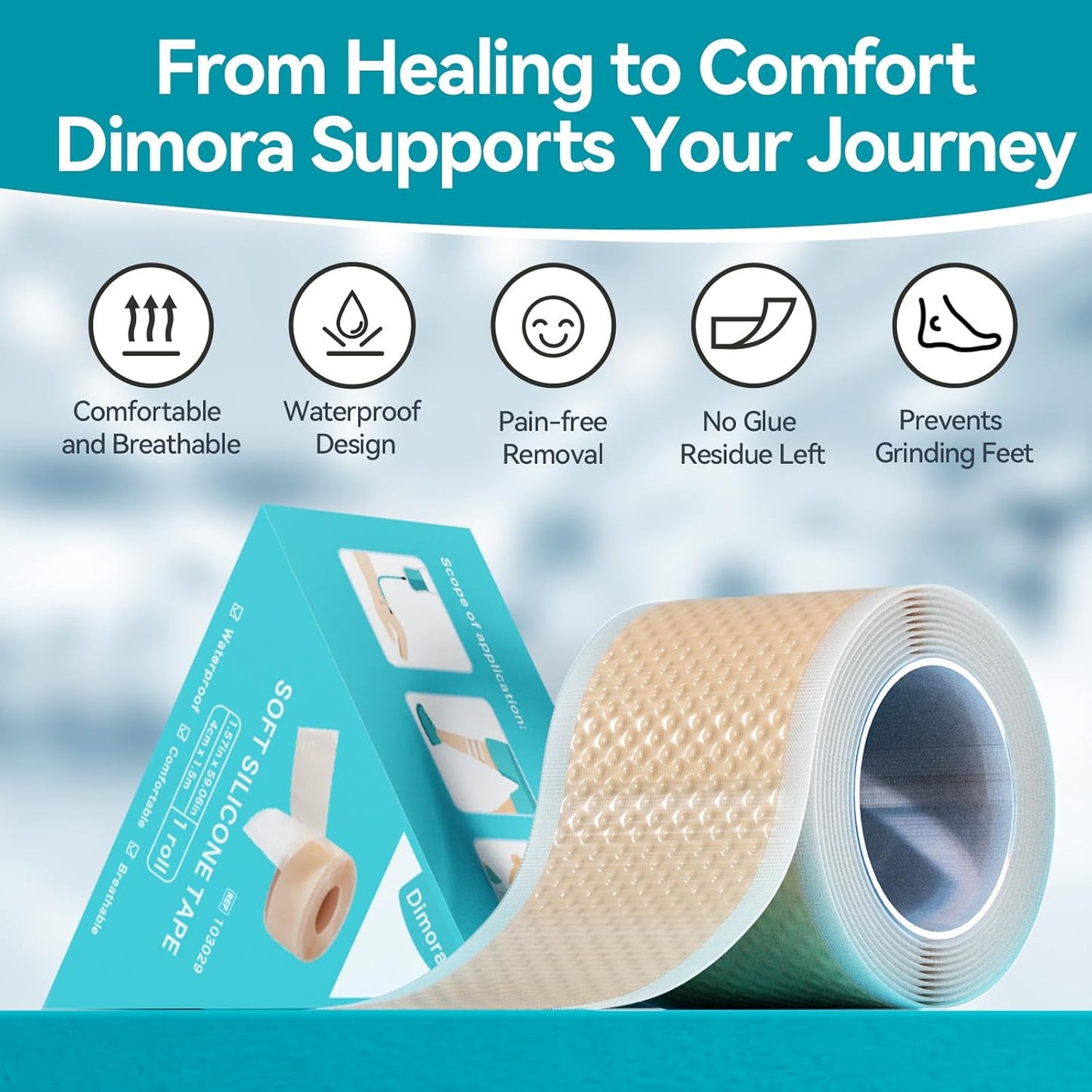 Dimora Silicone Medical Tape - Hypoallergenic First Aid Tapes with Easy Tear Design, Pain-Free Removal Surgical Tapes for Sensitive Skin, No Residue(1.6in x 59 in),1 Roll