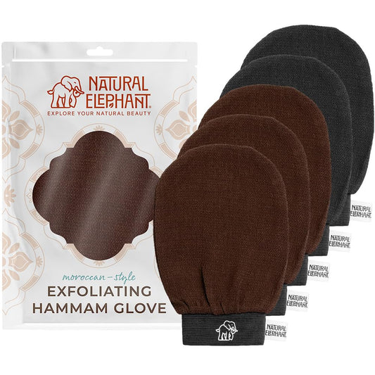 Natural Elephant Exfoliating Hammam Glove - Face and Body Exfoliator Mitt 5 and 10 Packs (3 Brown, 2 Black (Pack of 5))