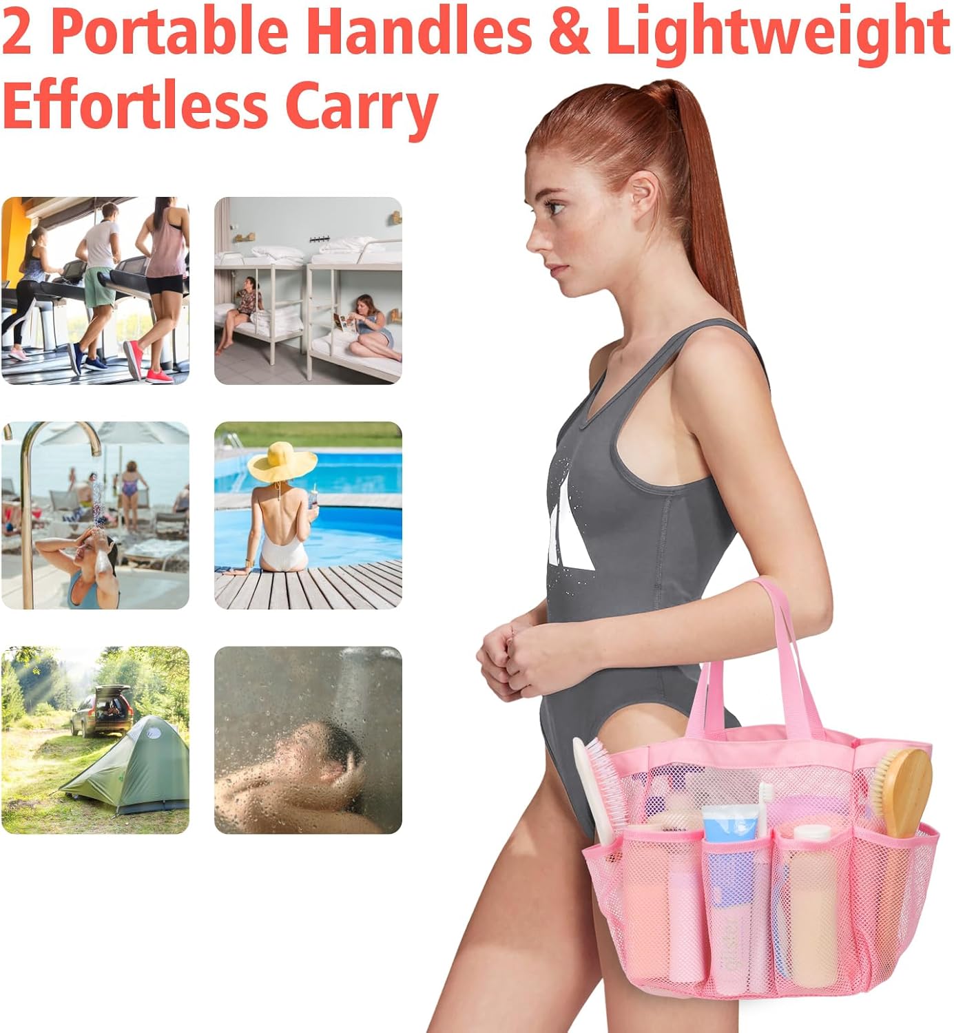 F-color Mesh Shower Caddy Portable, Upgrade Deeper 7 Pockets Shower Bag Basket Tote for College Dorm Room Toiletry Bathroom Essentials Gym Camp Quick Dry 2 handles with S Hook, Pink