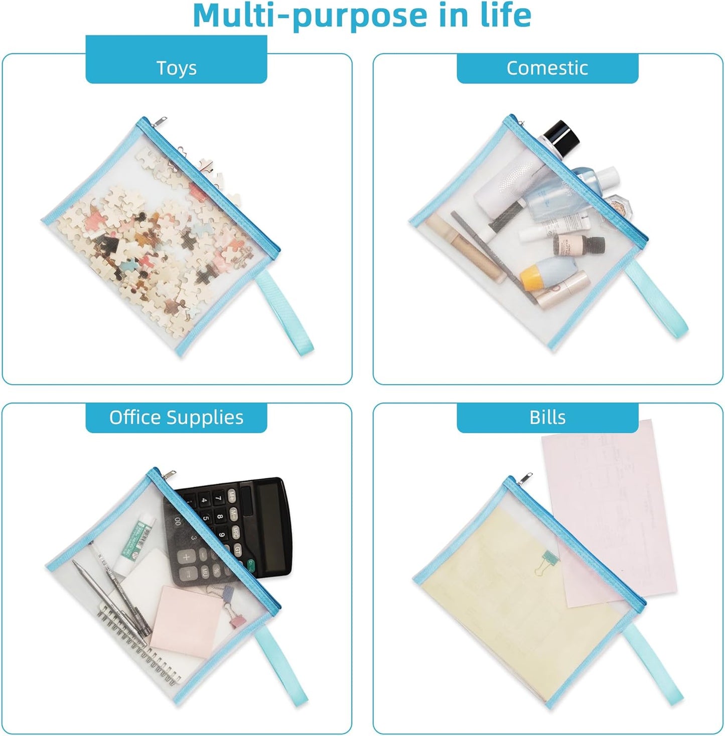 12 Psc Mesh Zipper Pouch Bags,Small Comestic Makeup Bage For Travel, Purse Organizer Pouches (Light Blue, A5*12)