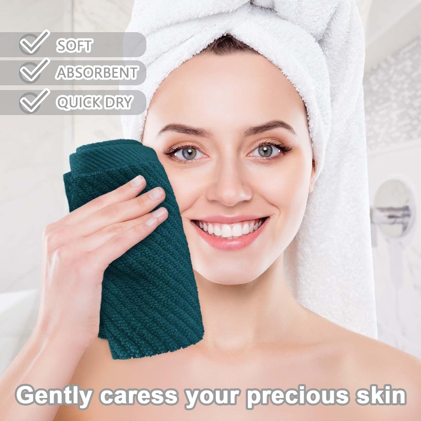 Face Towels for Bathroom, 6PC 13"x13" - 100% Cotton | Light Weight | Thick | Quick Dry | Soft | Absorbent, Fluffy Bathroom Hand Towels, Wash Cloths for Showering, Towel Gift Set, Deep Turquoise