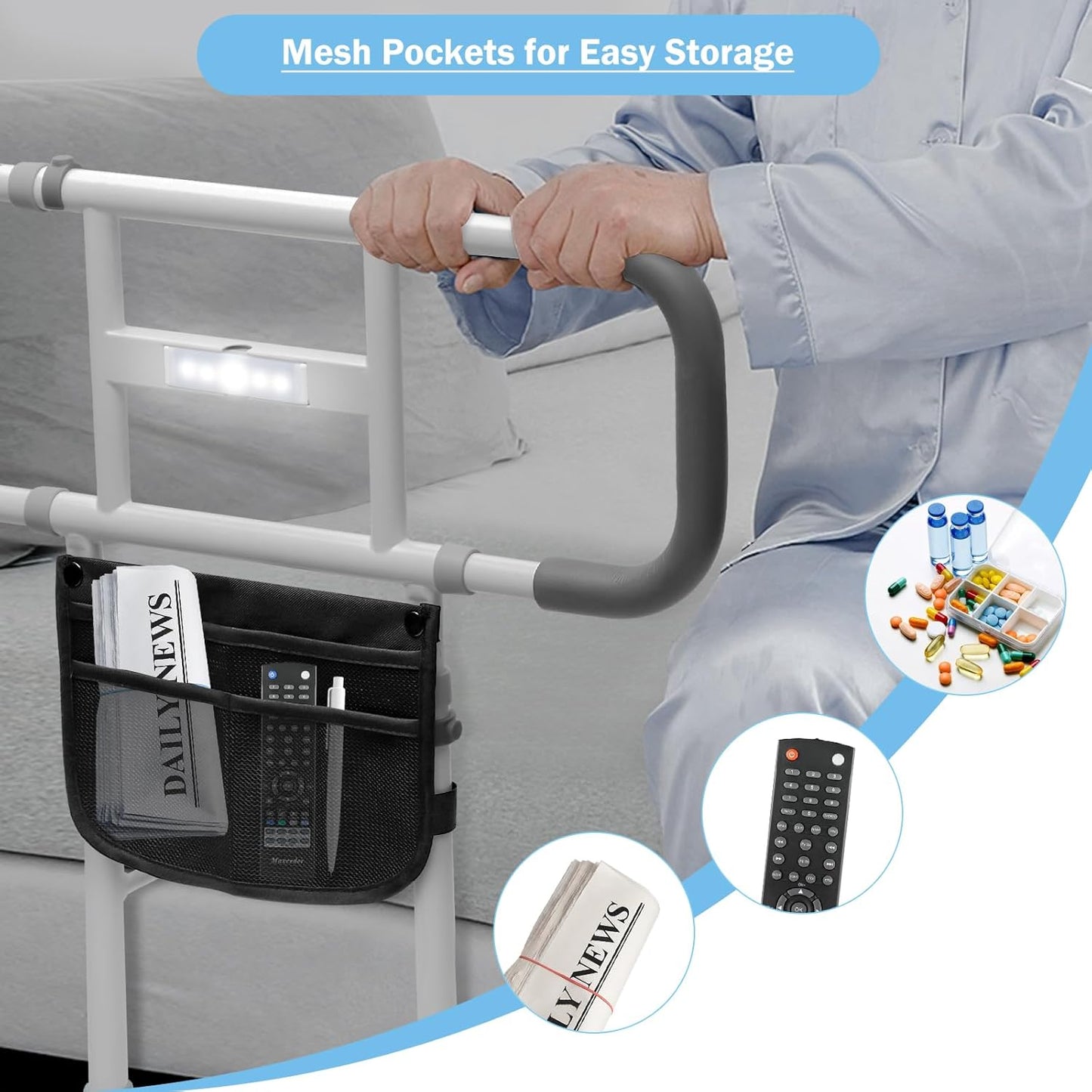 Bed Rails for Elderly Adults, Height Adjustable Bed Assist Rail with Motion Light & Storage Pouch, Safety Bed Handle with Support Legs for Seniors, Fit Any Bed