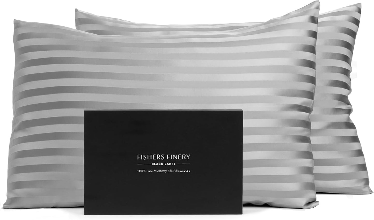 Fishers Finery 30mm 100% Pure Mulberry Silk Pillowcase Set, Quality Tested (Gray Stripe, Queen, 2 Pack)
