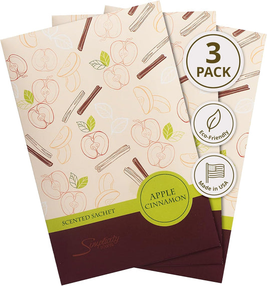 Simplicity Scents Apple Cinnamon Scented Sachets Pack of 3, Fall & Winter - Long-Lasting Scented Bags, Home Fragrance, Air Freshener & Deodorizer for Closet, Room, Drawer, or Cars, Made in USA