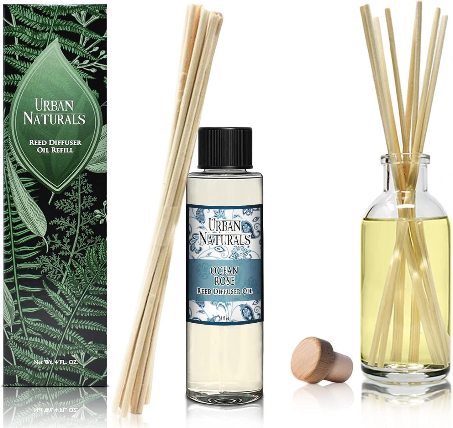 Urban Naturals Reed Diffuser Oil Refill, Ocean Rose Diffuser Oils with Rose, Lemongrass, Basil, 4 oz + Free Reed Sticks, Made in The USA