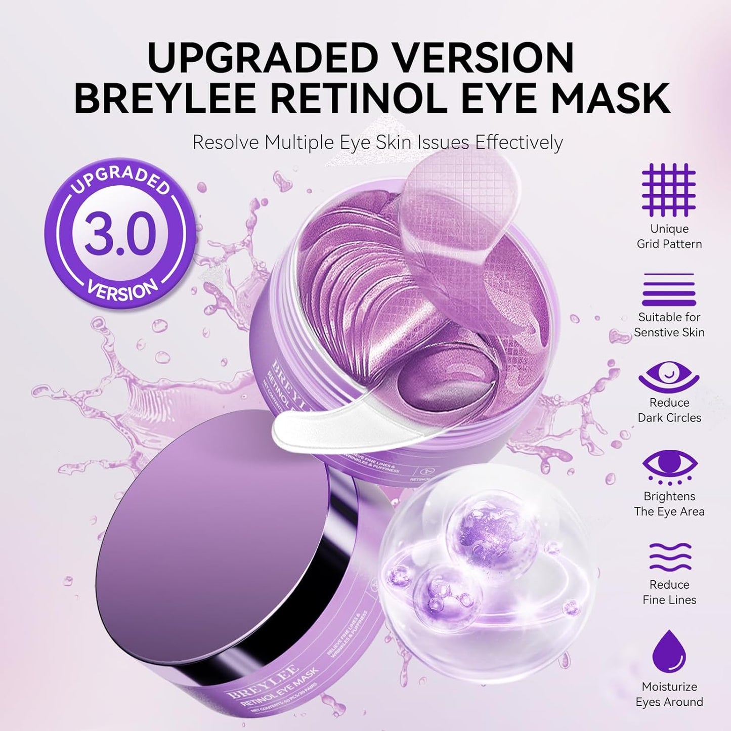 BREYLEE Retinol Eye Mask Under Eye Patches with Retinol, Collagen & Hyaluronic Acid, Reduce Puffy Eyes, Dark Circles, Wrinkles & Fine Lines, Anti-Aging Smoothing Skin Care for Women & Men - 60 Pcs
