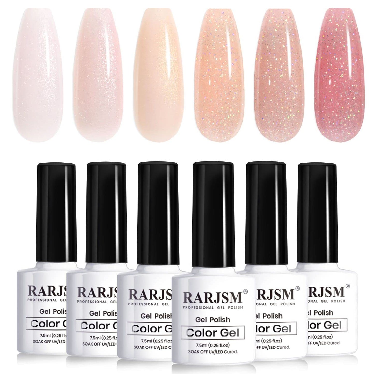 RARJSM Nude Glitter Gel Polish Set 6pcs Shimmery Jelly Nail Polish Iridescent Sparkly Pink Purple Apricot Beige Translucent Natural Skin Tone Color 7.5ml Soak off UV LED Cured
