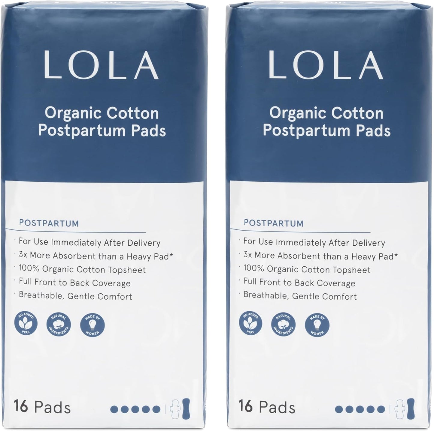 LOLA Organic Cotton Postpartum Pads - 32 Count, Ultra Absorbent and Extra Long Pads, Overnight and Full Coverage, Adult Incontinence Pad for Women, Postpartum Essentials