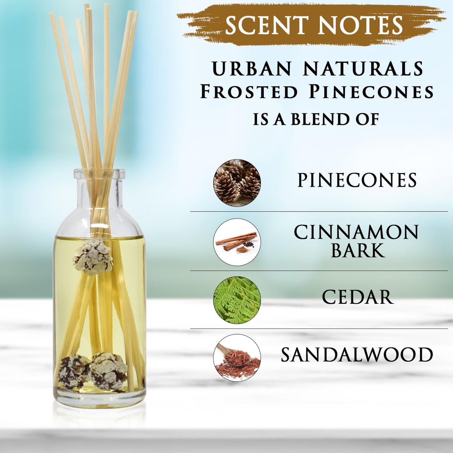 Urban Naturals Frosted Pinecones Holiday Scented Reed Diffuser Oil Gift Set | Pine, Cinnamon, Clove, Cedar Wood, Sandalwood and Vanilla Bean Scent Notes - 3.75 Ounces - Vegan - Made in The USA