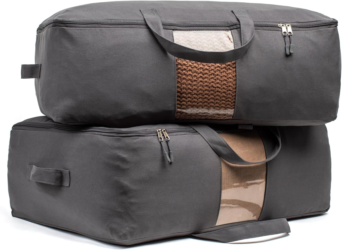 Soft Canvas Storage Bags with Zipper. Thick Breathable, 2pc King/Queen Comforter Organizer. Four Carrying Handles and Window. Large 25x19x9in Bag for Sheets Blankets Bedding Pillows, Clothes (Grey)