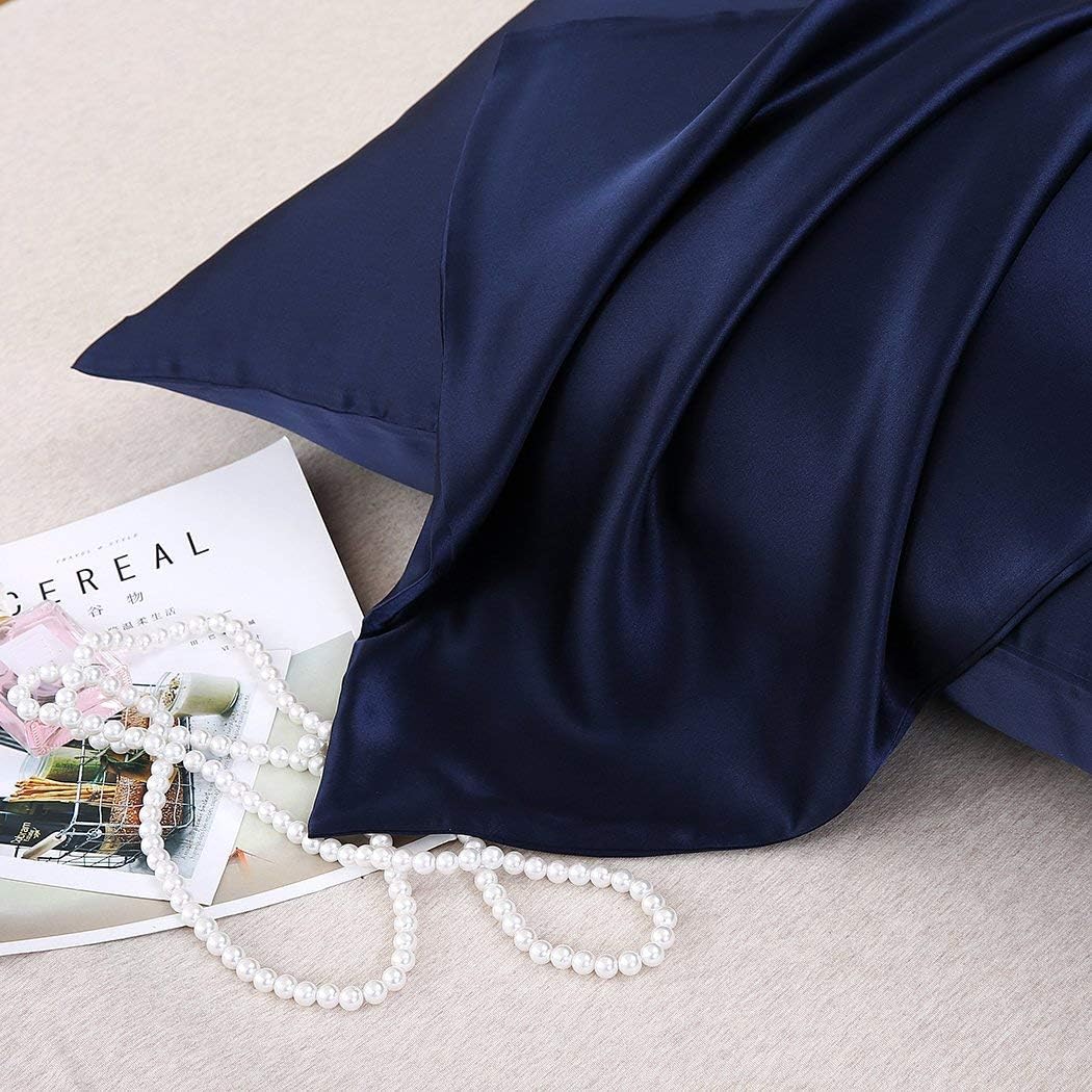 JUWENIN,Luxury Satin Pillowcase with Zipper (Silky Satin Pillow Case for Hair) Set of 2 (Standard, Navy)