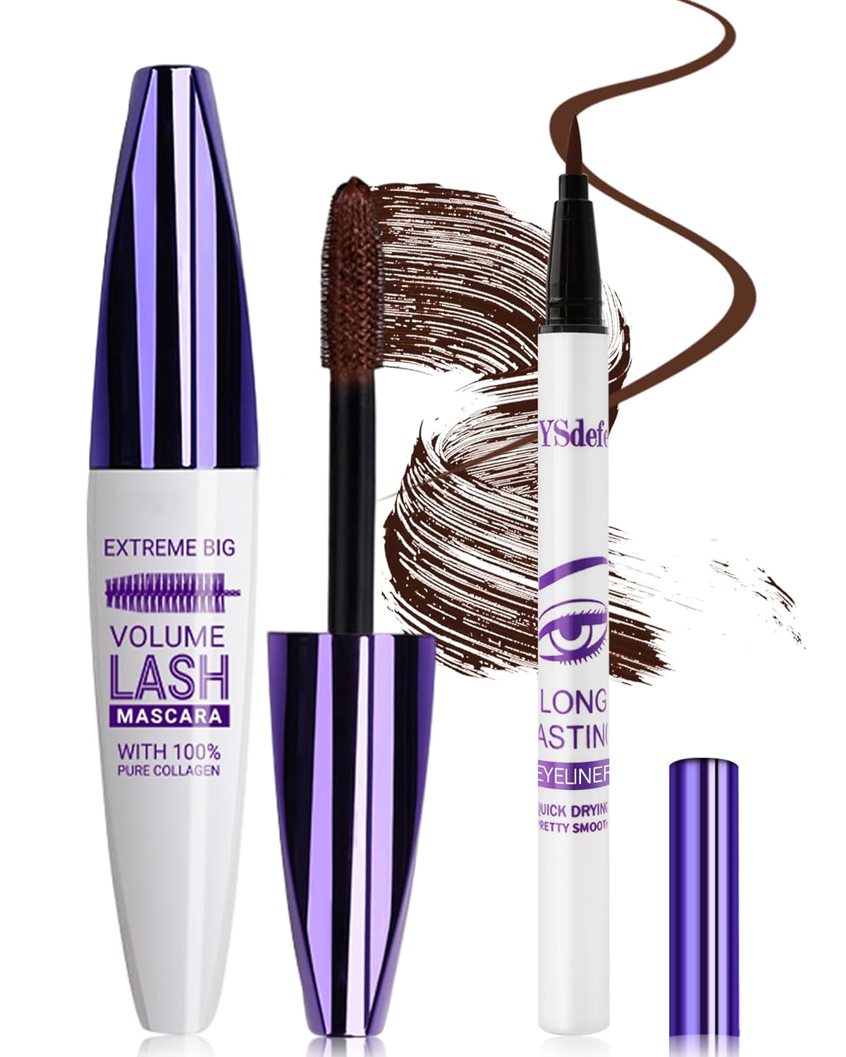 Brown Mascara Liquid Eyeliner Set, Update Longlasting Waterproof Color Eye Liner Pen, 5D Silk Fiber Colored Mascara Volume and Length, Halloween Party Stage Use Eye Makeup Gift Kit for Women Girl-02