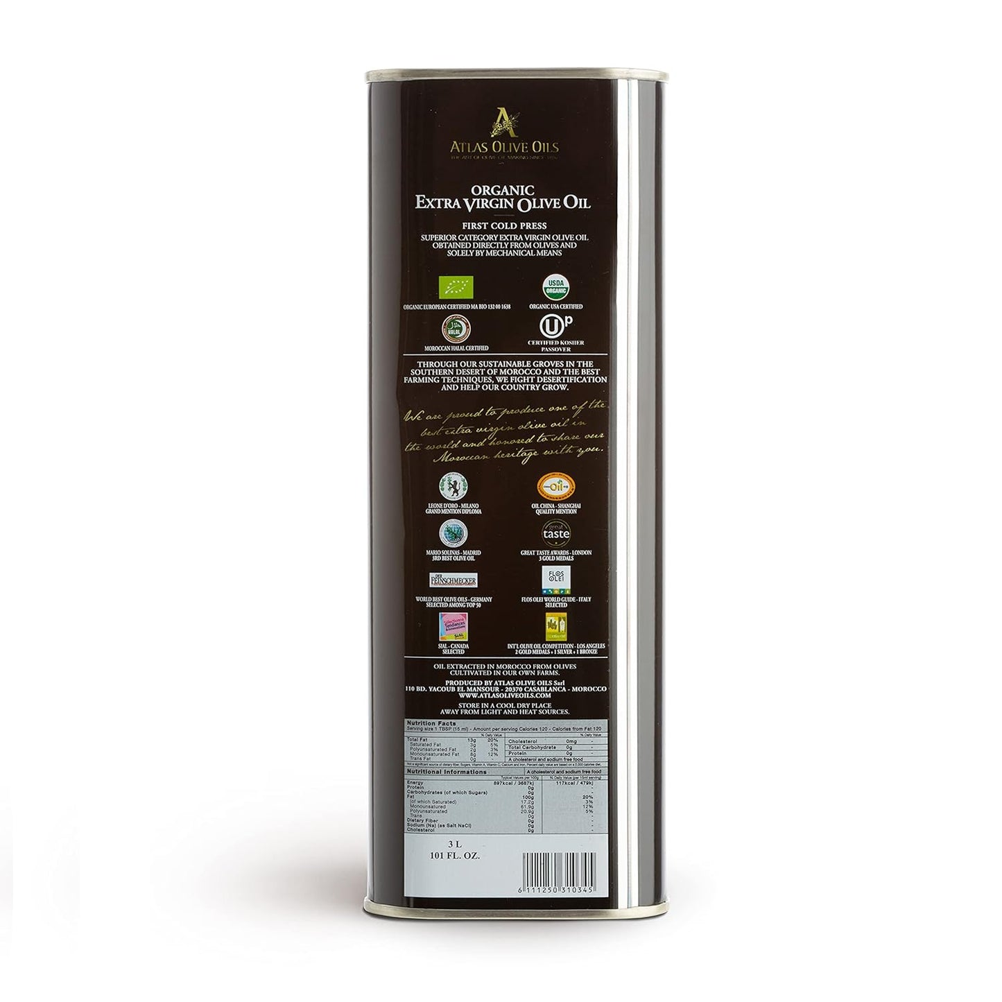 Atlas 3 LT Organic Cold Press Extra Virgin Olive Oil with Polyphenol Rich from Morocco|Newly Harvested Unprocessed from One Single Family Farm | Moroccan EVOO Trusted by Award-Winning Chefs