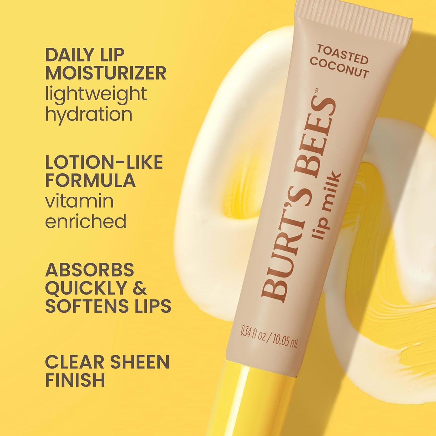 Burt’s Bees Lip Milk, Daily Lip Moisturizer, Toasted Coconut, Vitamin Enriched Moisturizing Lip Balm with Almond Milk and Jojoba Oil, Hydrating for Softer Lips, 1 Tube, 0.34 Fl Oz